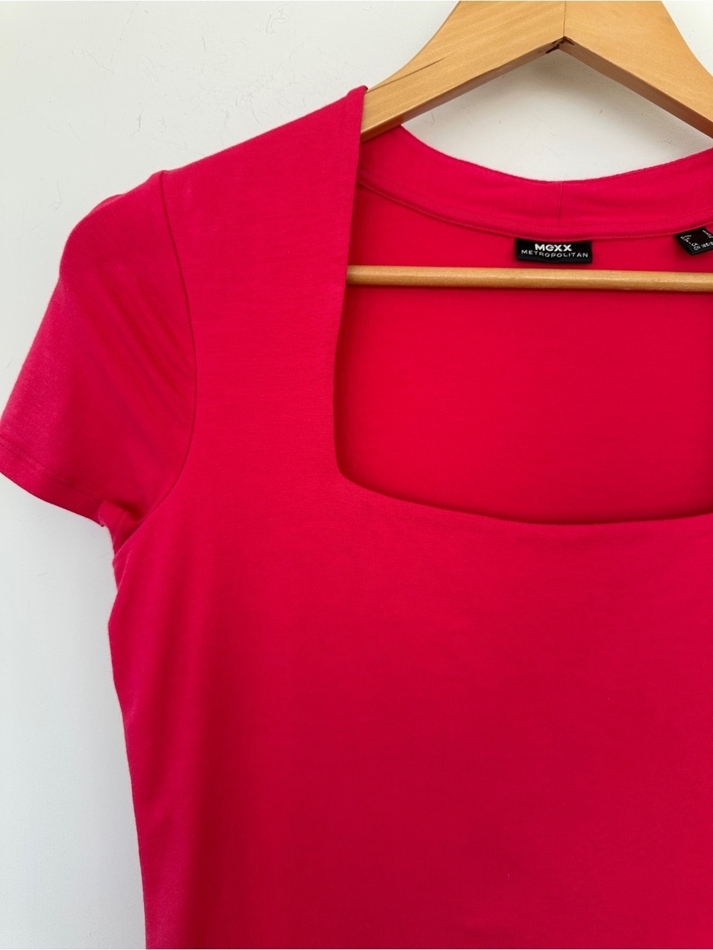 Mexx Bright Pink Square Neck Short Sleeve Top, Stretch Cotton Knit - Picture 3 of 7